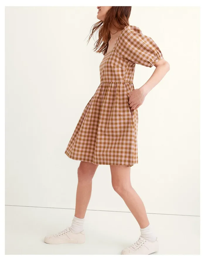 Women Square Neck Puff Sleeve Dress In Gingham Seersucker Spiced Olive Madewell Dresses