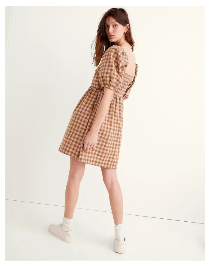 Women Square Neck Puff Sleeve Dress In Gingham Seersucker Spiced Olive Madewell Dresses