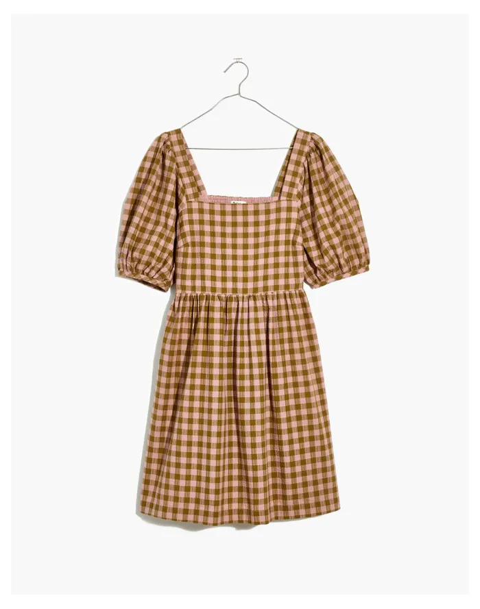Women Square Neck Puff Sleeve Dress In Gingham Seersucker Spiced Olive Madewell Dresses