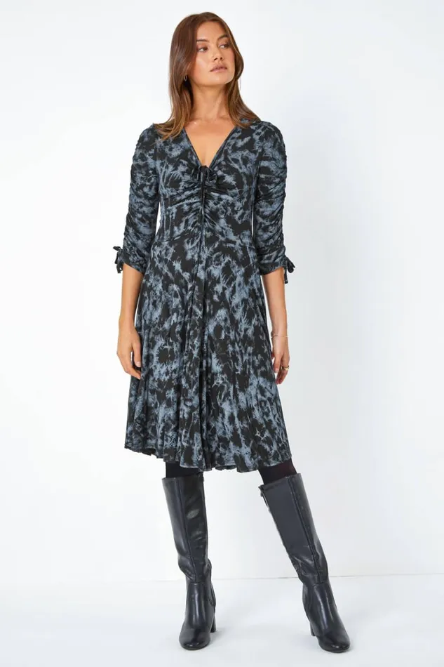 Women Steel Blue Abstract Print Ruched Stretch Dress Roman Dresses