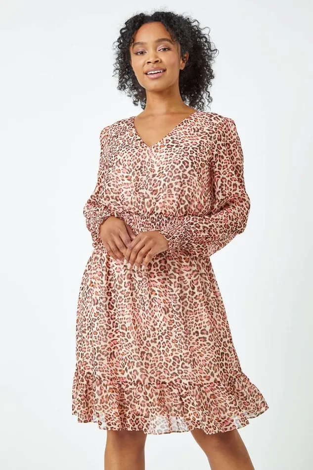 Women Stone Petite Leopard Chiffon Frill Tiered Dress Roman Dresses
