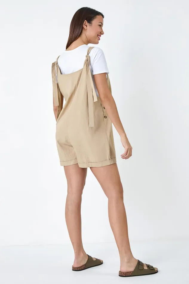 Women Stone Shoulder Tie Cotton Playsuit Roman Dresses