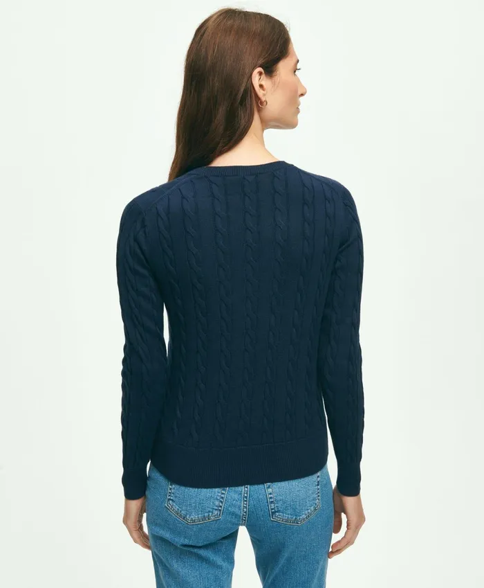 Women Supima Cotton Cable Crewneck Sweater Navy Brooks Brothers Sweaters