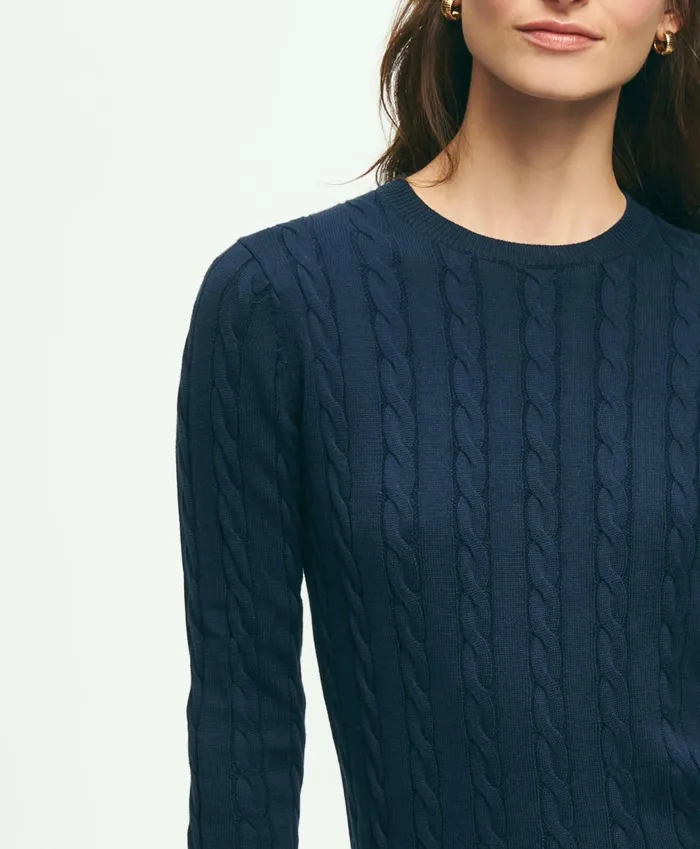 Women Supima Cotton Cable Crewneck Sweater Navy Brooks Brothers Sweaters