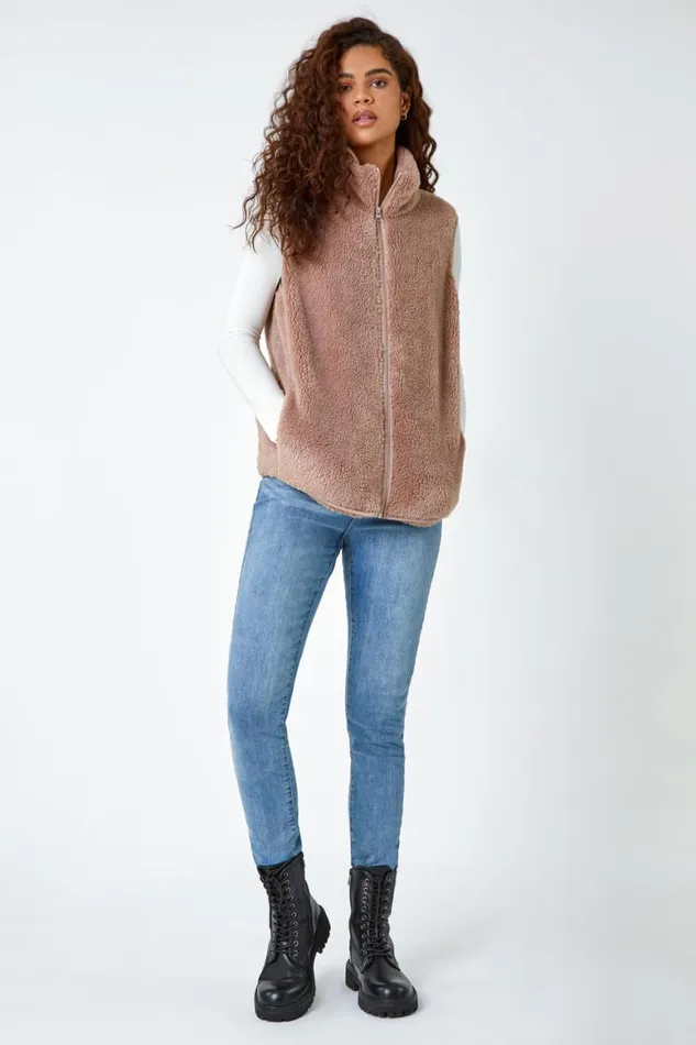 Women Taupe Soft Sherpa Fleece Gilet Roman Jackets