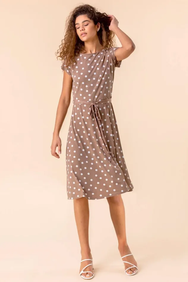 Women Taupe Spot Print Jersey Stretch Dress Roman Dresses