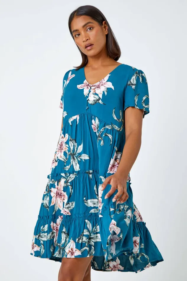 Women Teal Floral Print Tiered Mini Dress Roman Dresses