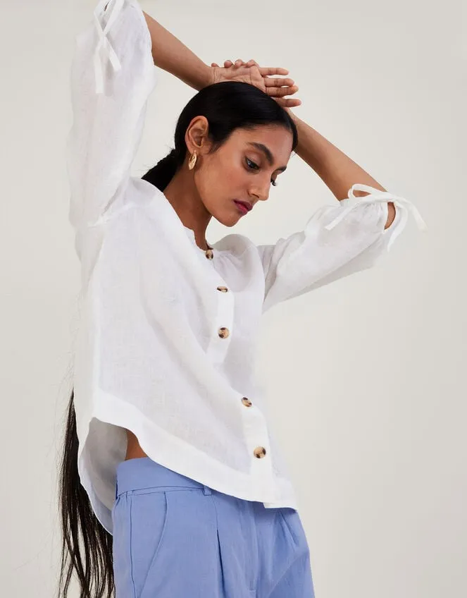 Women Tie Cuff Button Through Linen Blouse White Monsoon Tops and Blouses