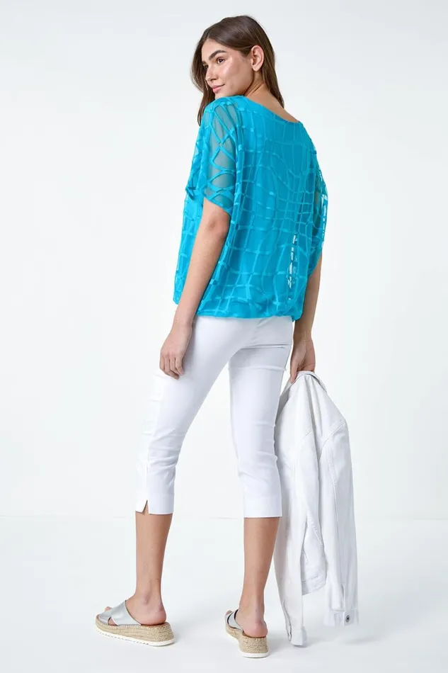 Women Turquoise Abstract Check Print Blouson Top Roman Tops