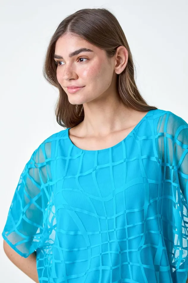 Women Turquoise Abstract Check Print Blouson Top Roman Tops