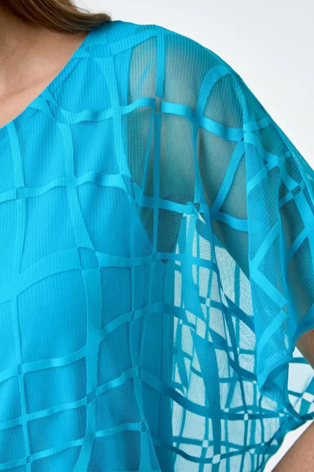 Women Turquoise Abstract Check Print Blouson Top Roman Tops