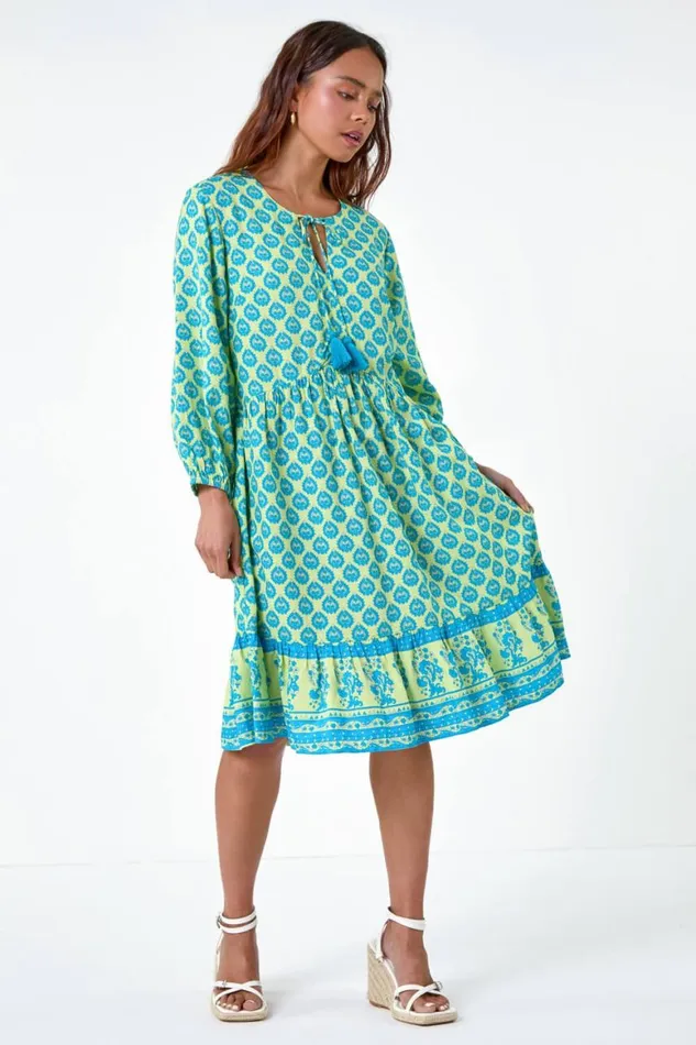 Women Turquoise Petite Border Print Tassel Smock Dress Roman Dresses