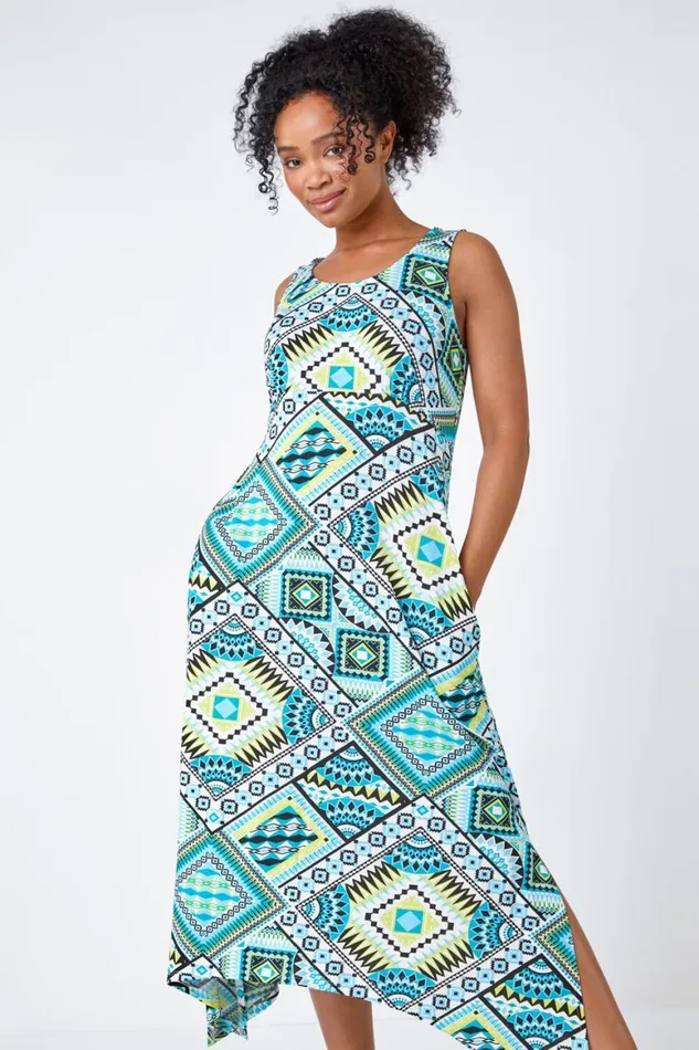 Women Turquoise Petite Sleeveless Abstract Midi Stretch Dress Roman Dresses