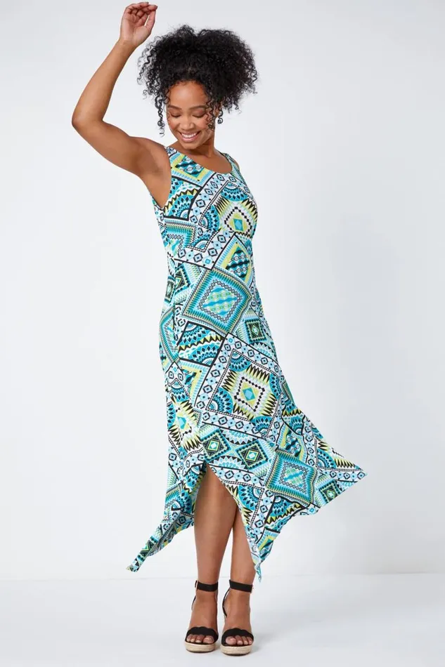 Women Turquoise Petite Sleeveless Abstract Midi Stretch Dress Roman Dresses