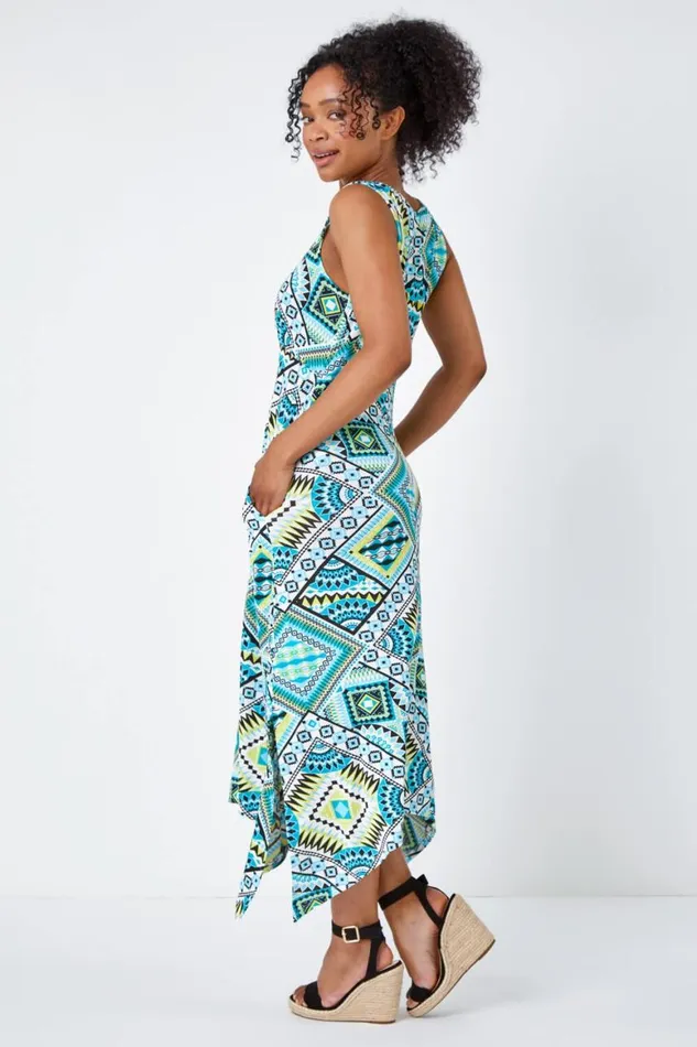 Women Turquoise Petite Sleeveless Abstract Midi Stretch Dress Roman Dresses