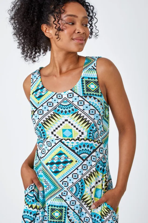 Women Turquoise Petite Sleeveless Abstract Midi Stretch Dress Roman Dresses