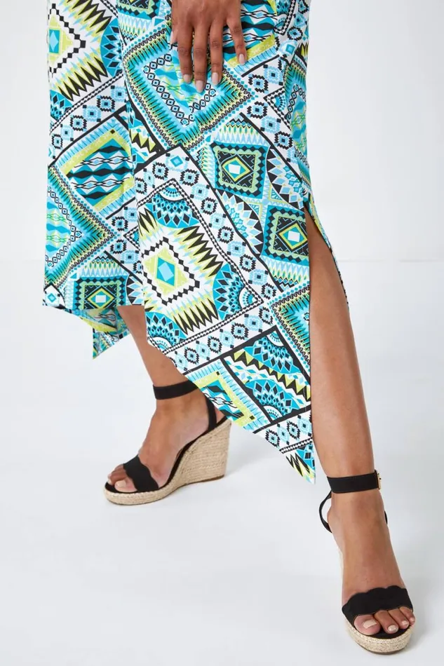 Women Turquoise Petite Sleeveless Abstract Midi Stretch Dress Roman Dresses