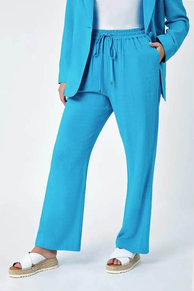 Women Turquoise Petite Wide Leg Linen Blend Trouser Roman Trousers