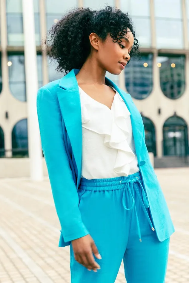 Women Turquoise Petite Wide Leg Linen Blend Trouser Roman Trousers
