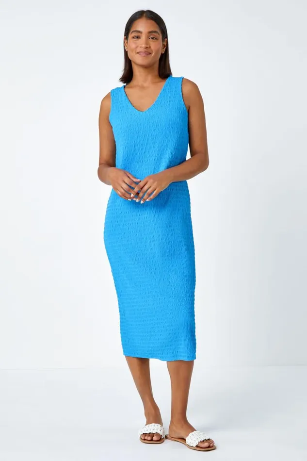 Women Turquoise Sleeveless Textured Midi Stretch Dress Roman Dresses