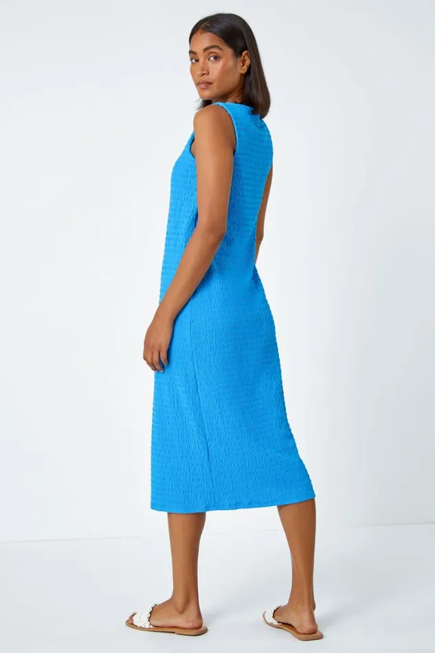 Women Turquoise Sleeveless Textured Midi Stretch Dress Roman Dresses