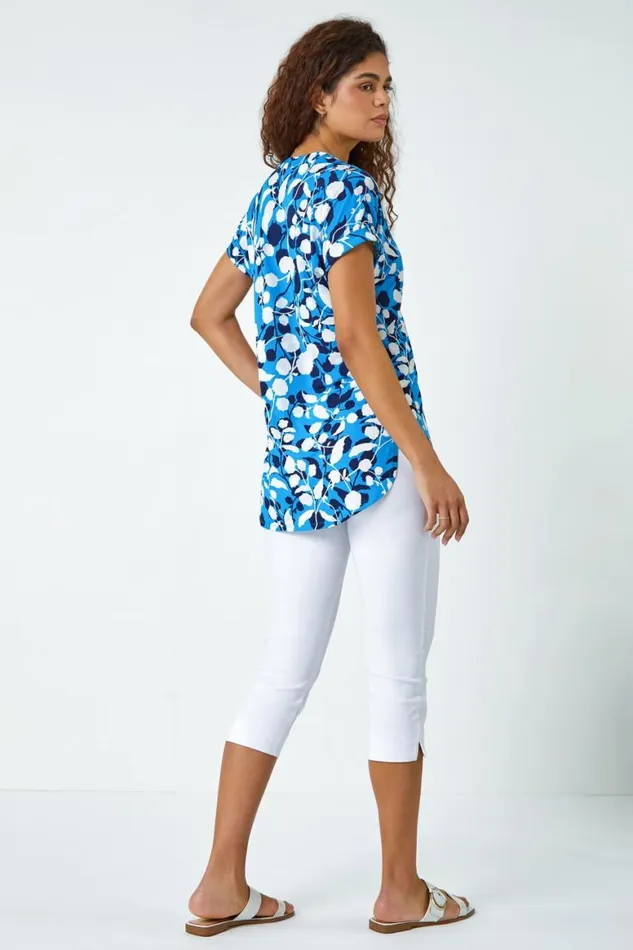 Women Turquoise Textured Floral Overshirt VNeck Stretch Top Roman Tops