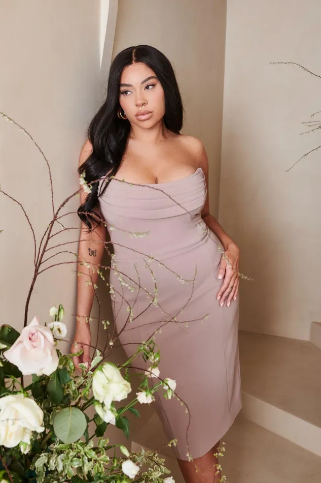 Women Wedding Guest Lavish Alice MARIA Curve Cowl Front Bandeau Midi Pencil Dress In Stone Stone Women Wedding Guest Lavish Alice MARIA Curve Cowl Front Bandeau Midi Pencil Dress In Stone Stone