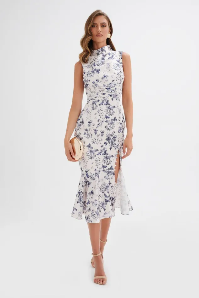 Women Wedding Guest Lavish Alice SAFFRON High Neck Satin Midi Dress In Navy Porcelain Print Navy Porcelain Print