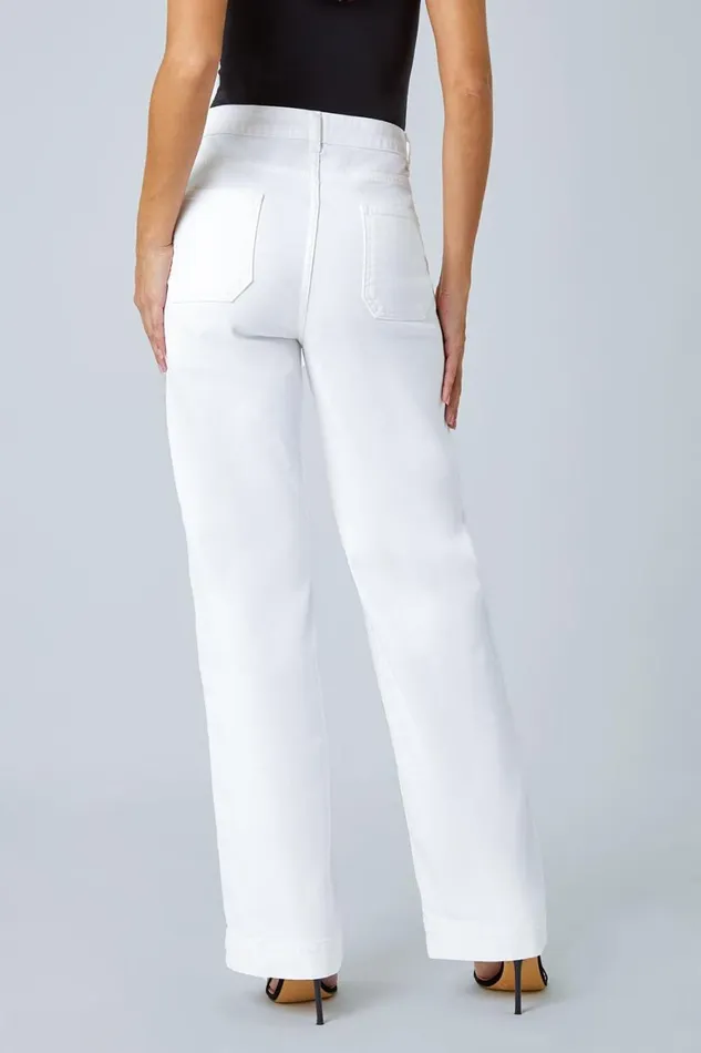 Women White Cotton Blend Wide Leg Stretch Jeans Roman Trousers