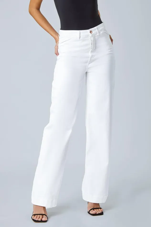 Women White Cotton Blend Wide Leg Stretch Jeans Roman Trousers