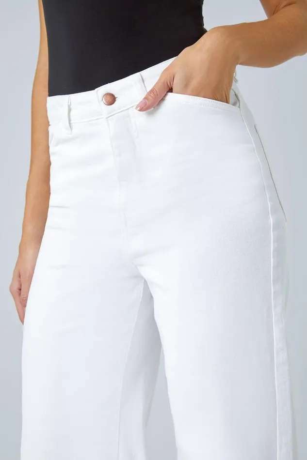 Women White Cotton Blend Wide Leg Stretch Jeans Roman Trousers