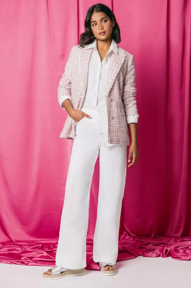 Women White Cotton Blend Wide Leg Stretch Jeans Roman Trousers