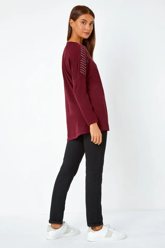 Women Wine Embellished Stretch Top Roman Tops
