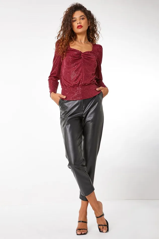 Women Wine Ruched Sequin Sweetheart Top Roman Tops