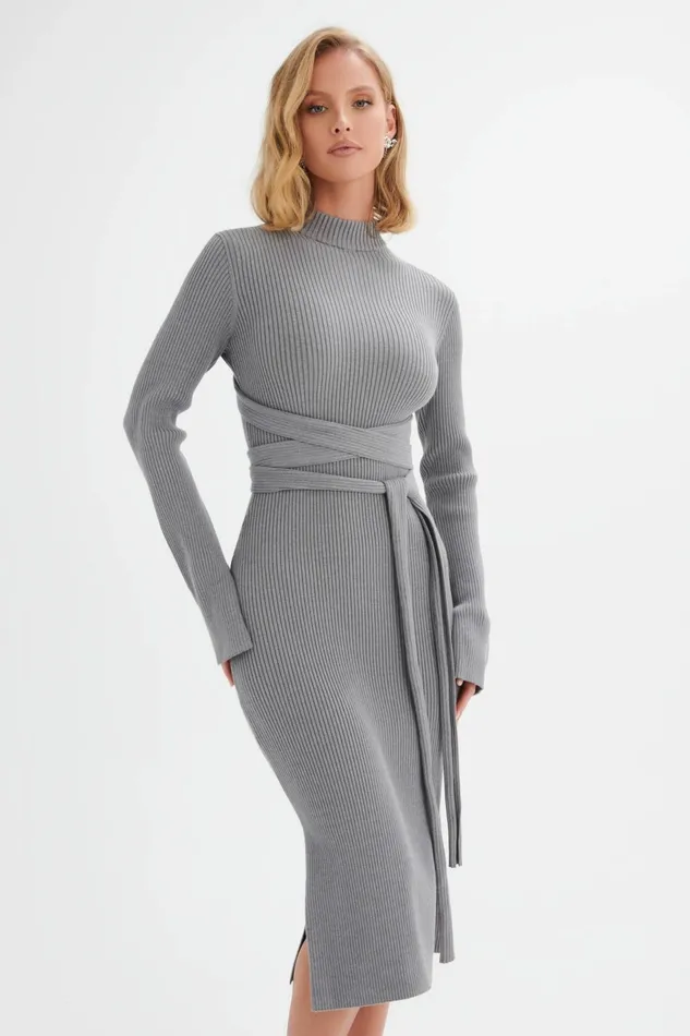 Women Winter Knitwear Lavish Alice ROMI Knitted Ribbed Open Back Sleeved Midi Dress In Grey Grey