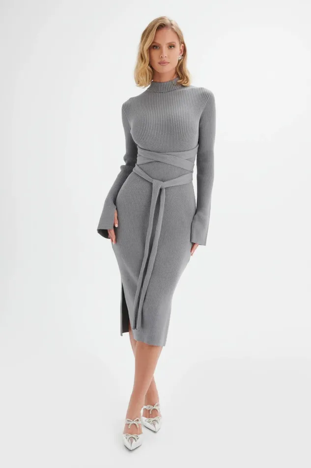 Women Winter Knitwear Lavish Alice ROMI Knitted Ribbed Open Back Sleeved Midi Dress In Grey Grey
