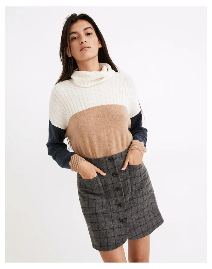 Women Wool Button Front Mini Skirt In Windowpane Edge Windowpane Grey Heather Madewell Skirts