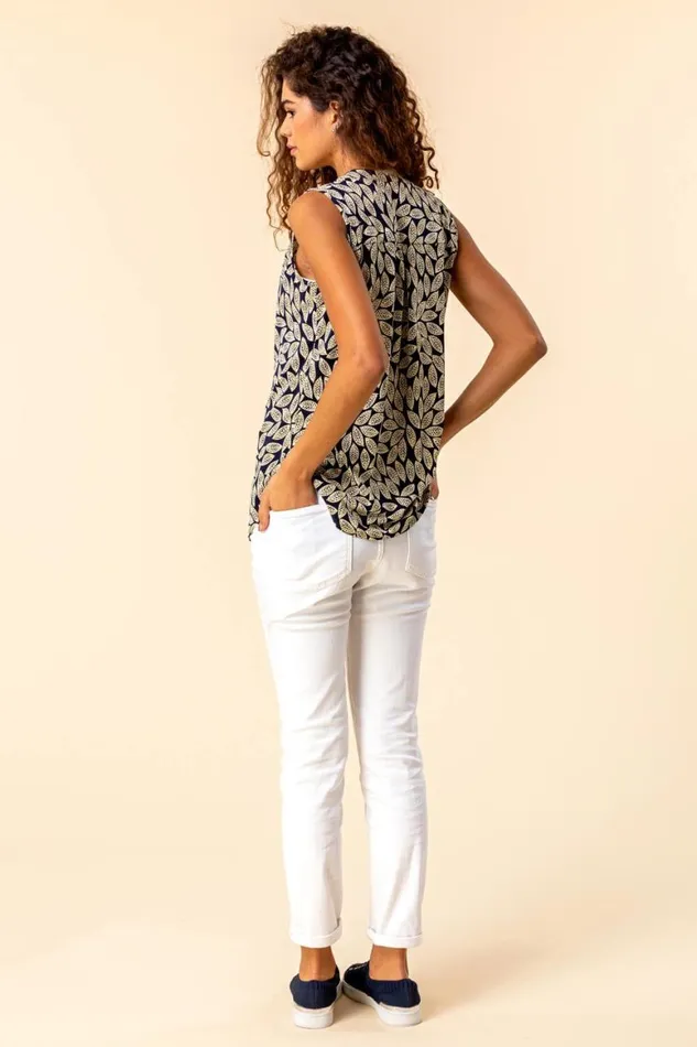 Women Yellow Leaf Print VNeck Stretch Jersey Top Roman Tops