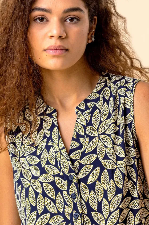Women Yellow Leaf Print VNeck Stretch Jersey Top Roman Tops