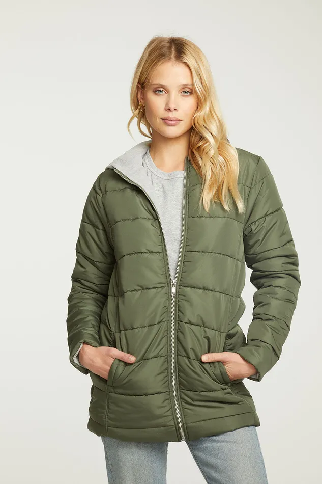 Womens Chaser Brand Quilted Hooded Long Puffer Zip Up Jacket Outerwear
